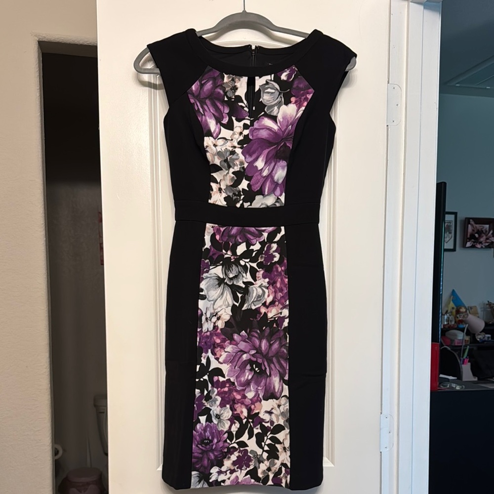 White House Black Market Black and Purple Floral Midi Dress